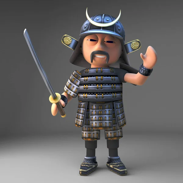 Friendly Japanese samurai warrior waves hello, 3d illustration