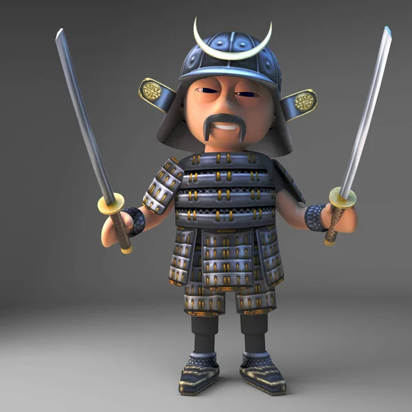 İki katana kılıç çizilmiş asil Japon samuray savaşçı, 3d illüstrasyon — Stok fotoğraf