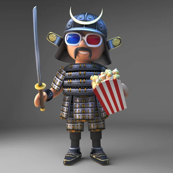 Szlachetny japoński samuraj wojownik zegarki 3D film jedzenia popcorn, ilustracja 3D — Zdjęcie stockowe
