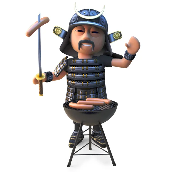 Hungry Japanese samurai warrior cooking sausages on a barbecue bbq, 3d illustration