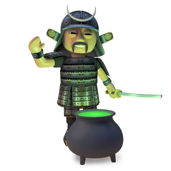 Mysterious Japanese samurai warrior using a magical cauldron, 3d illustration