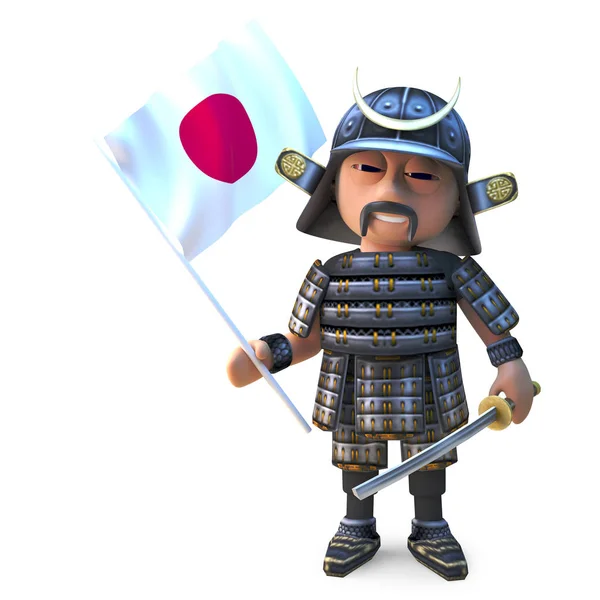 일본 국기를 들고 있는 자랑스러운 일본 사무라이 전사, 3D 일러스트 — 스톡 사진