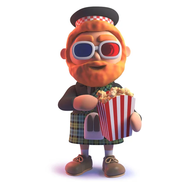 Cartoon 3D Schotse man in kilt eten popcorn en het dragen van 3D-bril — Stockfoto