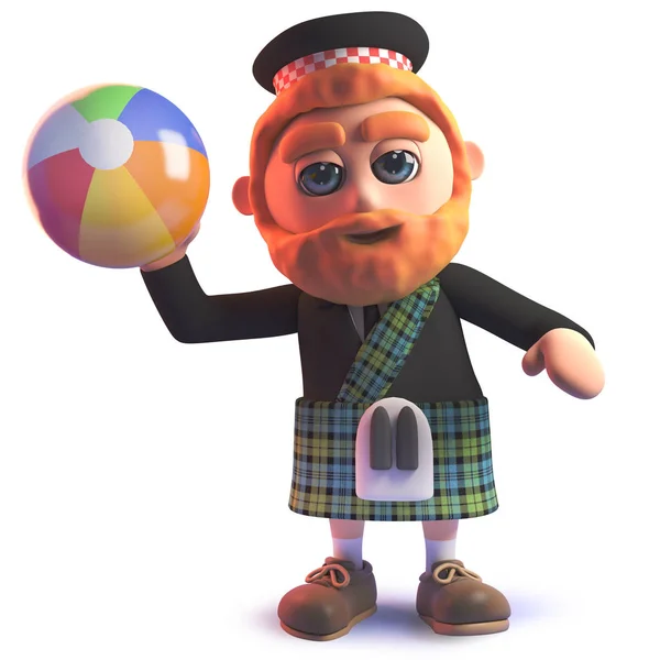 Смешной мультфильм 3-й шотландский мужчина бросает пляжный мяч — стоковое фото