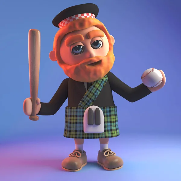 Proud Scottish man in kilt learns baseball, 3d illustration