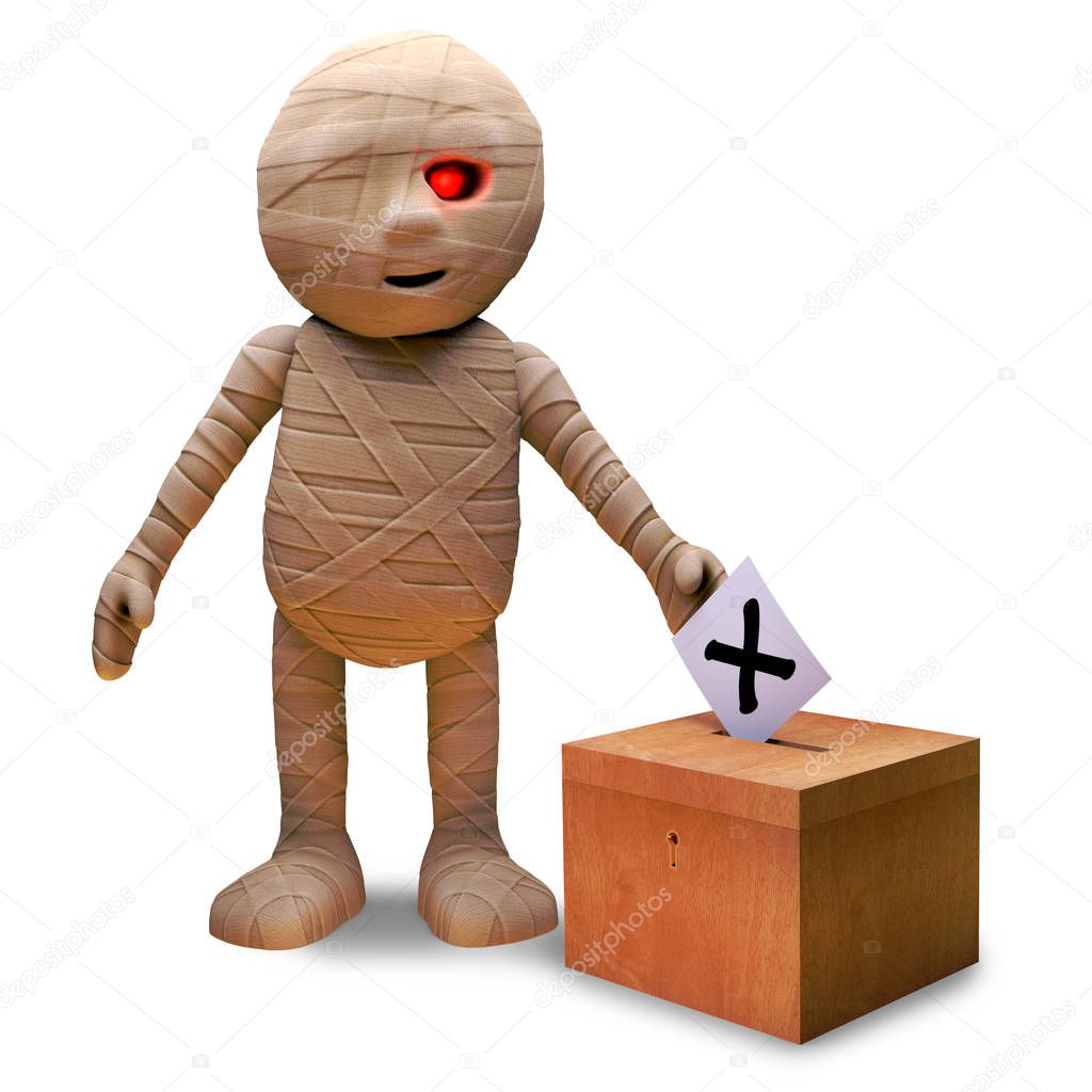 Democratically minded Egyptian mummy monster casts his vote in the election, 3d illustration