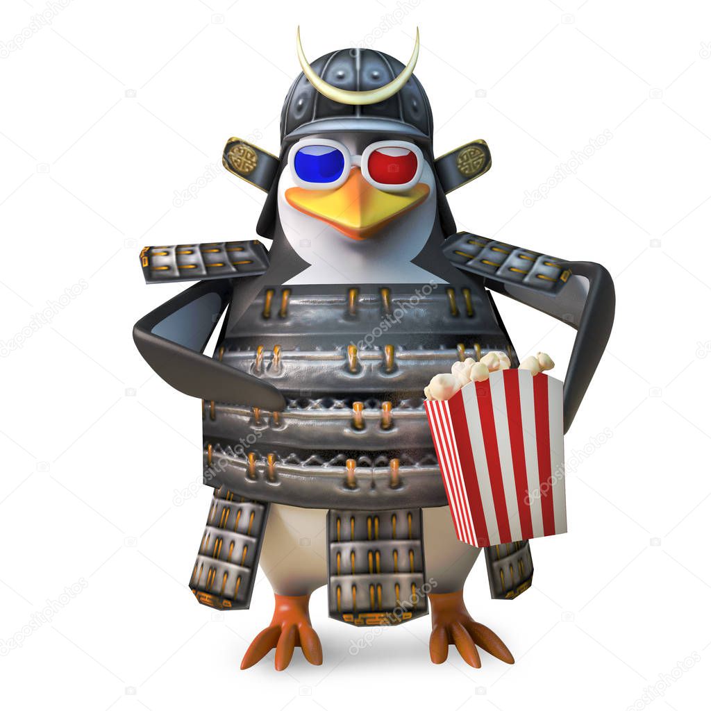 Noble Japanese samurai penguin warrior watchs 3d movie while eating popcorn, 3d illustration