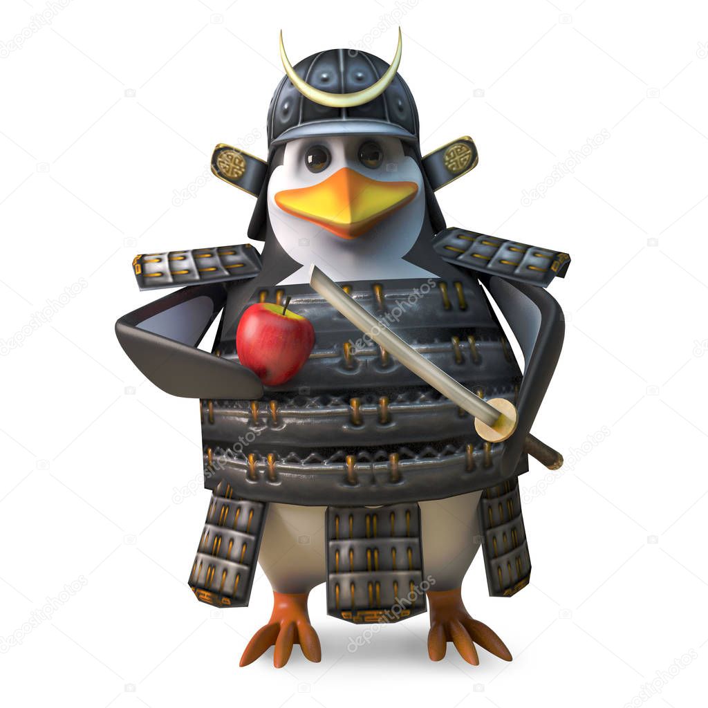 Noble Japanese samurai penguin warrior about to chop his apple with mighty katana sword, 3d illustration