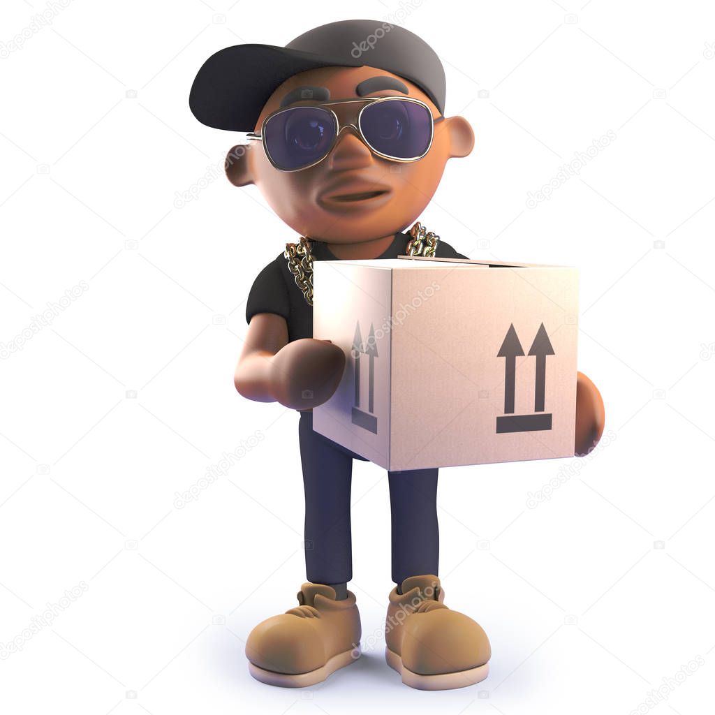 Cartoon black hiphop rap artist delivering a cardboard box, 3d illustration