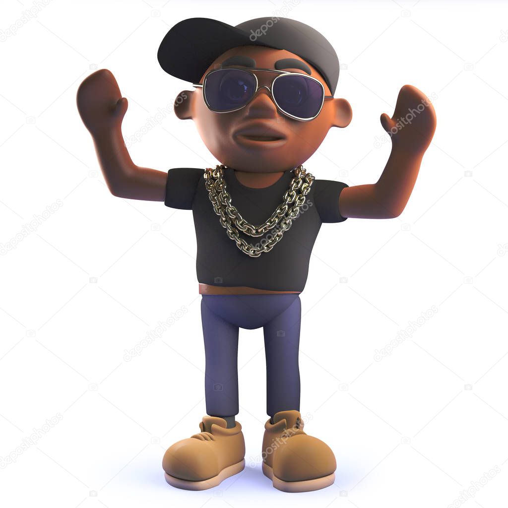 3d black hip hop rapper character with his arms in the air cheering