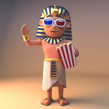 Antik Mısır firavunu Tutankhamun patlamış mısır yerken bir 3d film izler, 3d illüstrasyon