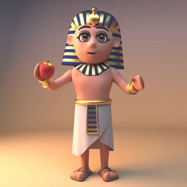 Sağlıklı Mısır firavunu Tutankhamen bir elma yeme, 3d illüstrasyon