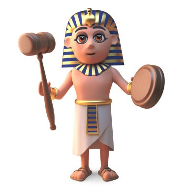 Karikatür eski Mısır firavunu Tutankhamun bir açık artırma, 3d illüstrasyon tutar