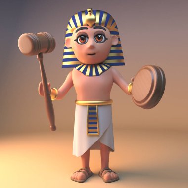 Bilge eski Mısır firavunu Tutankhamun bir müzayede tokmak çekiç tutan, 3d illüstrasyon