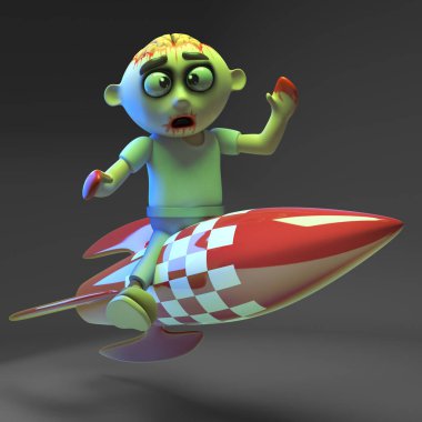 Korkmuş zombi canavar bir roket yolculuğu, 3d illüstrasyon alıyor