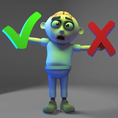 Aptal undead zombi canavar kene veya çapraz, 3d illüstrasyon seçmek zorunda