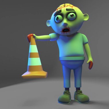 Aptal undead zombi monste bir trafik konisi, 3d illüstrasyon buldu
