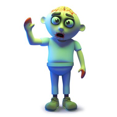 Aptal undead zombi canavar bir amigo merhaba, 3d illüstrasyon sallayarak