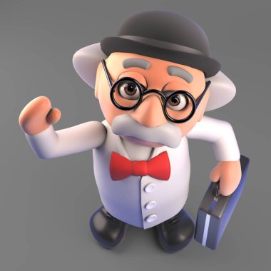 İş fikirli deli bilim adamı bir bowling şapkası, 3d illüstrasyon giyiyor