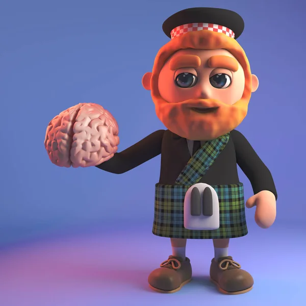 Hombre escocés intrigado en tartán escocés sosteniendo un cerebro humano, ilustración 3d — Foto de Stock