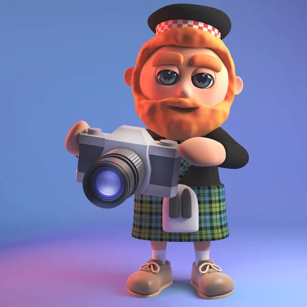 Художественный шотландский человек в тартан килт делает фотографии с помощью камеры, 3d иллюстрации — стоковое фото