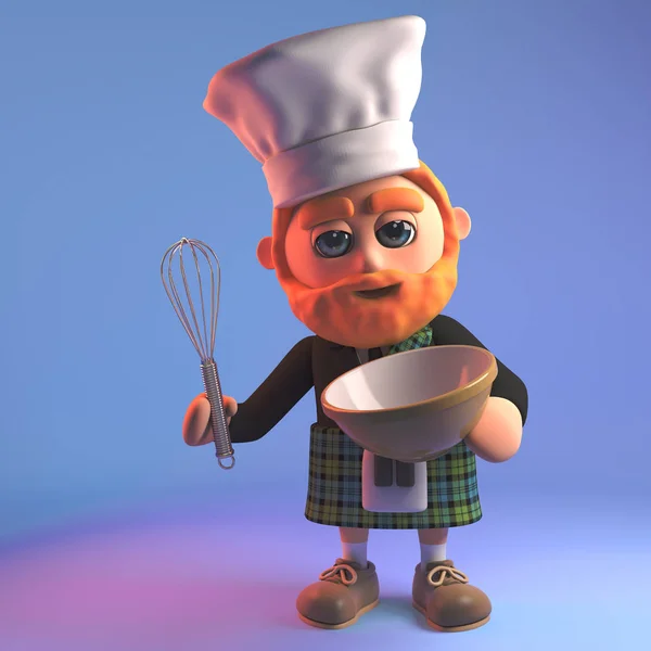 Kulinářský skotský muž v kilt míchá dort v misce, 3D ilustrace — Stock fotografie