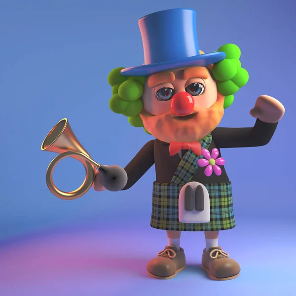 Śmieszne szkocki mężczyzna w kilt sukienki jako clown z rogu samochodu, ilustracja 3D — Zdjęcie stockowe