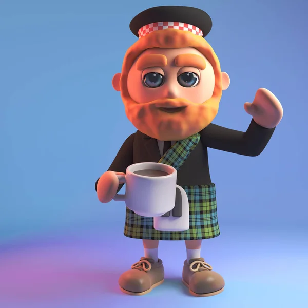 목마른 스코틀랜드 사람 에 킬트 음료 a 컵 의 차, 3D 그림 — 스톡 사진