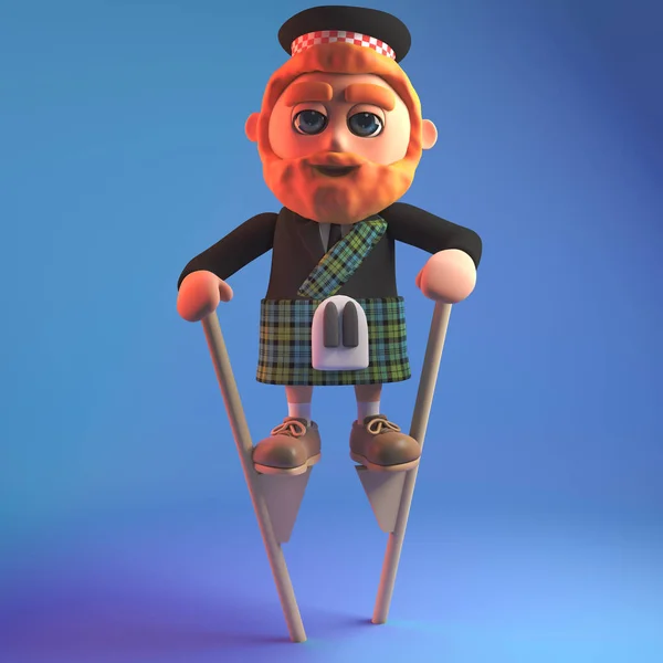 Scottish man in kilt walking on some stilts, 3d illustration