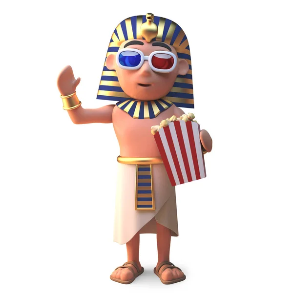 Egyiptomi fáraó Tutankhamen nézi 3D film étkezési pattogatott kukorica, 3D illusztráció — Stock Fotó