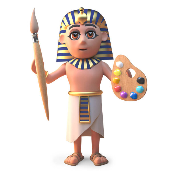 Cartoon Egyptian pharaoh Tutankhamen with paintbrush and palette, 3d illustration