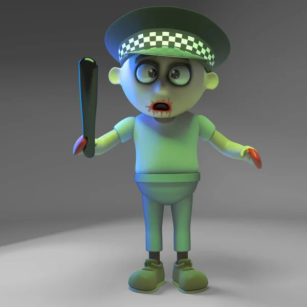 Policjant zombie nieumarłych potwór z truncheon, ilustracja 3D — Zdjęcie stockowe