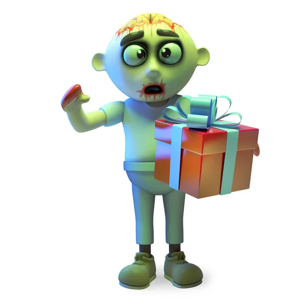 Cömert zombi canavar sizin için sarılmış bir hediye var, 3d illüstrasyon — Stok fotoğraf