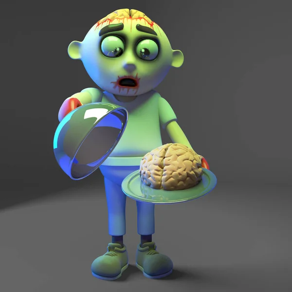 Spooky zombie monster serves brains to all his guests, 3d illustration