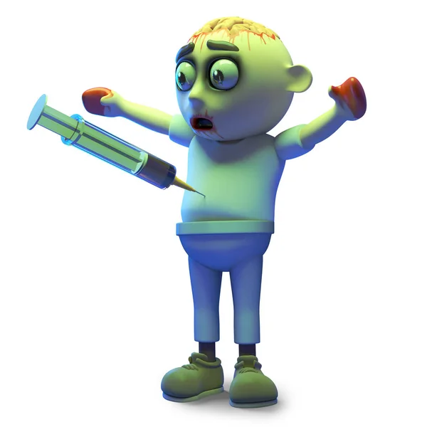 Arme Zombie monster had problemen met een spuit, 3D-illustratie — Stockfoto