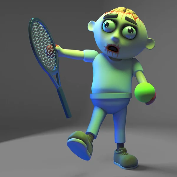 Sportif undead zombi canavar tenis oynamayı öğreniyor, 3d illüstrasyon — Stok fotoğraf