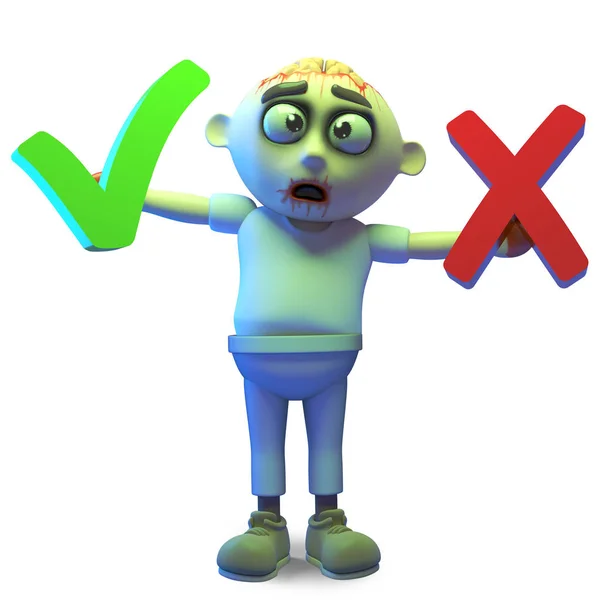 Richtig oder falsch sagt Zecke und Kreuz Zombie-Monster, 3D-Illustration — Stockfoto