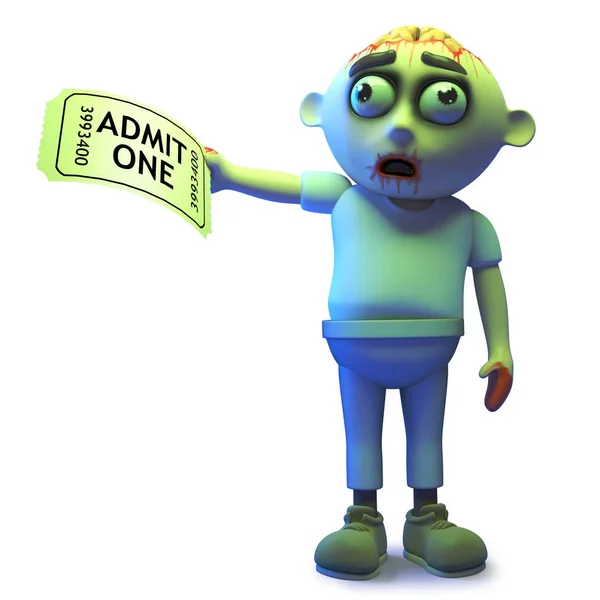 Silly zombie monster has a ticket to the show, 3d illustration — Stock Photo, Image