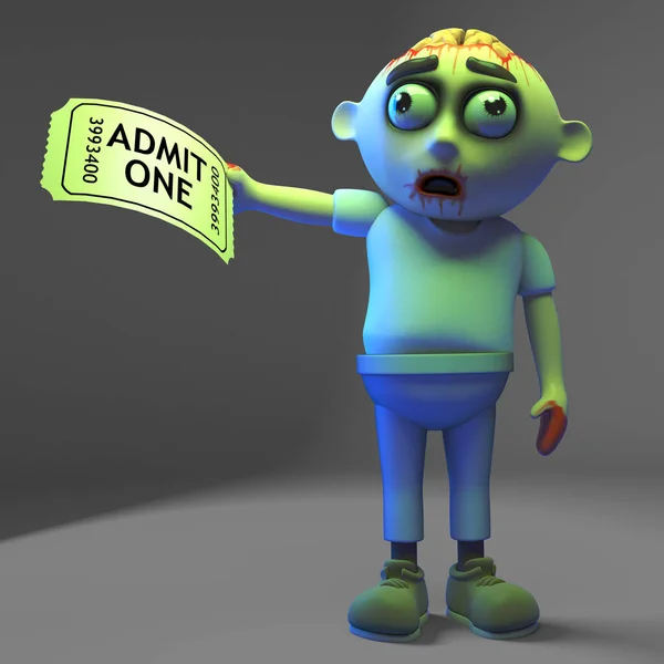 Excited zombie monster has a ticket of admission to the show, 3d illustration