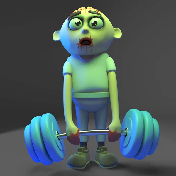 Feeble zombie monster is bodybuilding but will hurt himself with those weights, 3d illustration