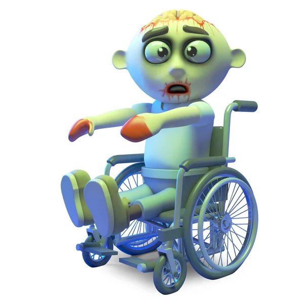 Legrační stará zombie příšera jezdila na kolečkovém křesle, 3D ilustrace — Stock fotografie