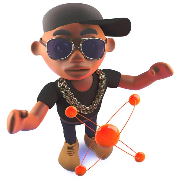 Cartoon schwarzer Hip-Hop-Rapper in 3D mit Atomkern — Stockfoto