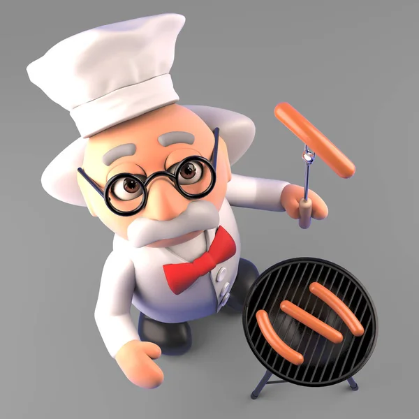 Engraçado cientista louco cozinhar salsichas em um churrasco, ilustração 3d — Fotografia de Stock