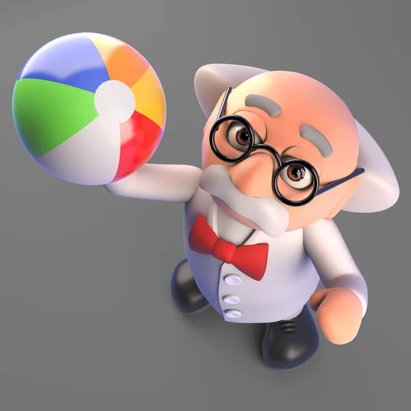 Mad professor scientist forgets everything and plays with a beach ball, 3d illustration