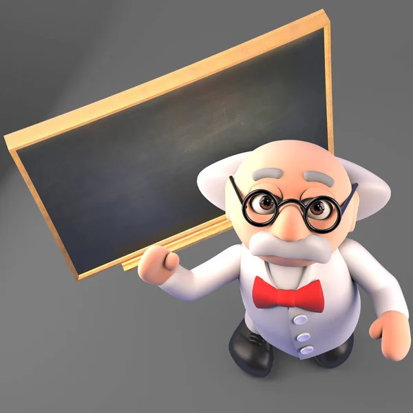 Profesor szalonego naukowca wykłada na tablicy, ilustracja 3D — Zdjęcie stockowe