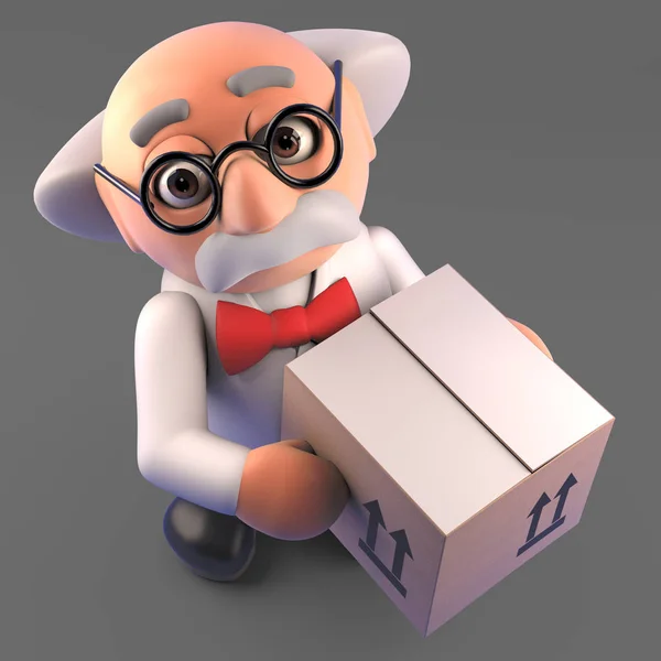 Happy mad scientist professor takes delivery of a box, 3d illustration