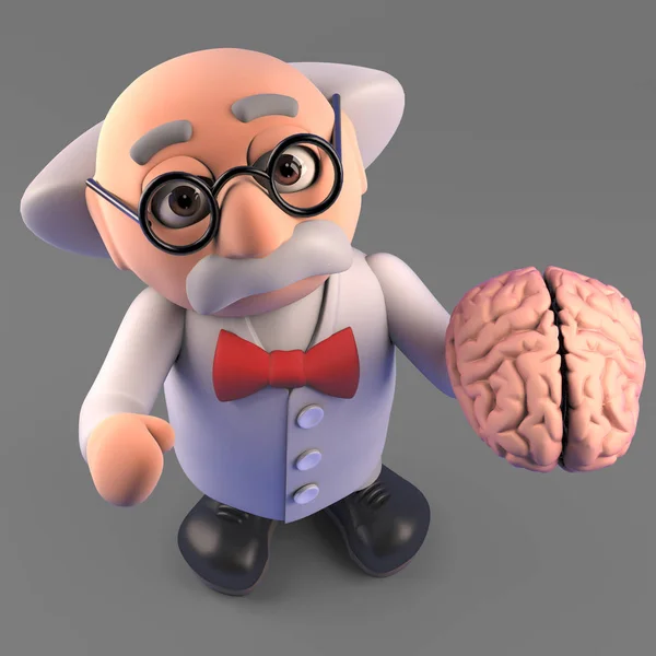Professore scienziato pazzo che studia un cervello umano, illustrazione 3D — Foto Stock
