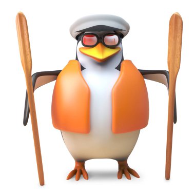 Kaptanlar şapka ve can yeleği iki kürek tutan Arsız denizci penguen, 3d illüstrasyon