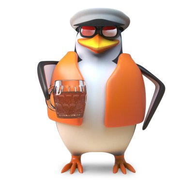 Deniz kıyafeti susuz kaptan penguen denizci bir bira bira, 3d illüstrasyon bir pint içme