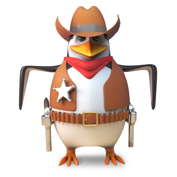 Храбрый шериф пингвин на Диком Западе ковбой готов к быстрой ничьей в перестрелке, 3d иллюстрация
